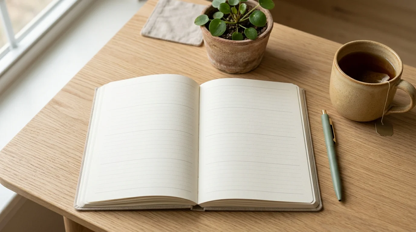 Kalender und Stift auf hellem Tisch neben einer Tasse Tee, einladende Terminatmosphäre